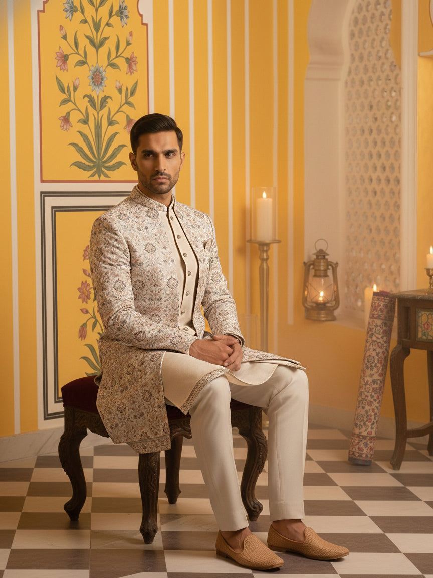 DesiQlo Men Embroidered Indo Western Set - Orange - 50JIND_111Peach_S