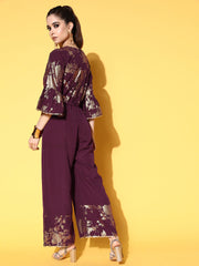 Burgundy & Gold-Toned Printed Ethnic Jumpsuit With Waist Tie-Ups-AHJSCRFP-35