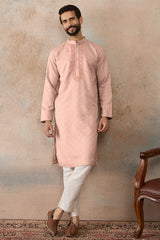 Peach Linen Blend Geometric Woven Design Kurta With Trouser MKSET2364