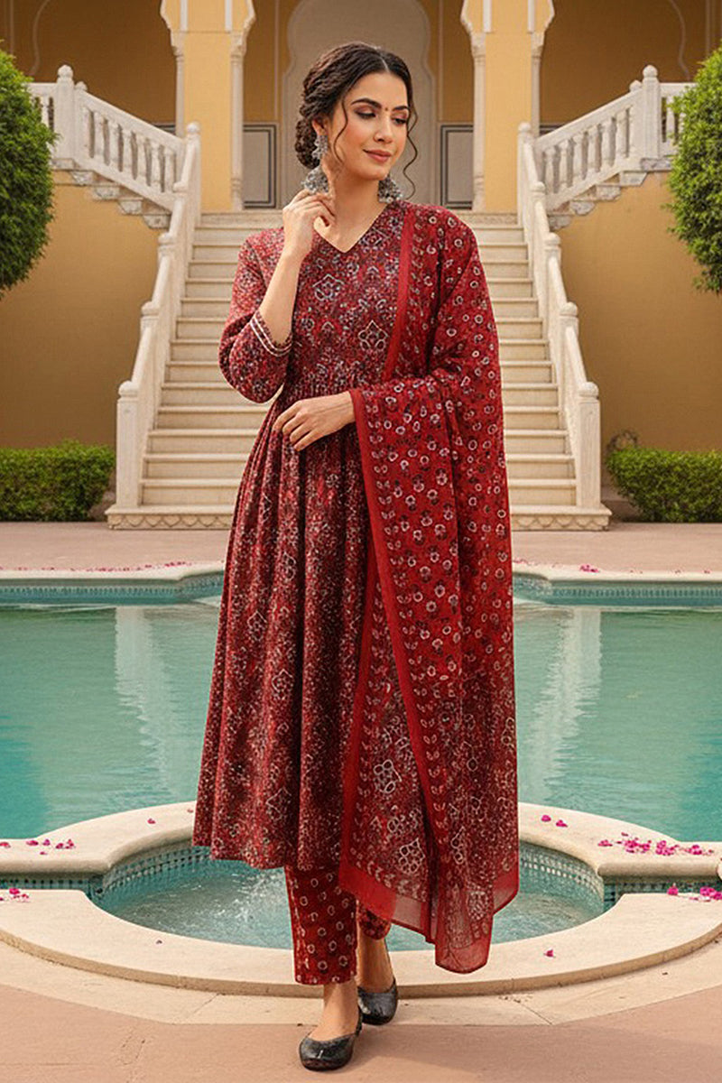 Red Rayon Blend Floral Printed A-Line Trouser Bottom Suit Set VKSKD227