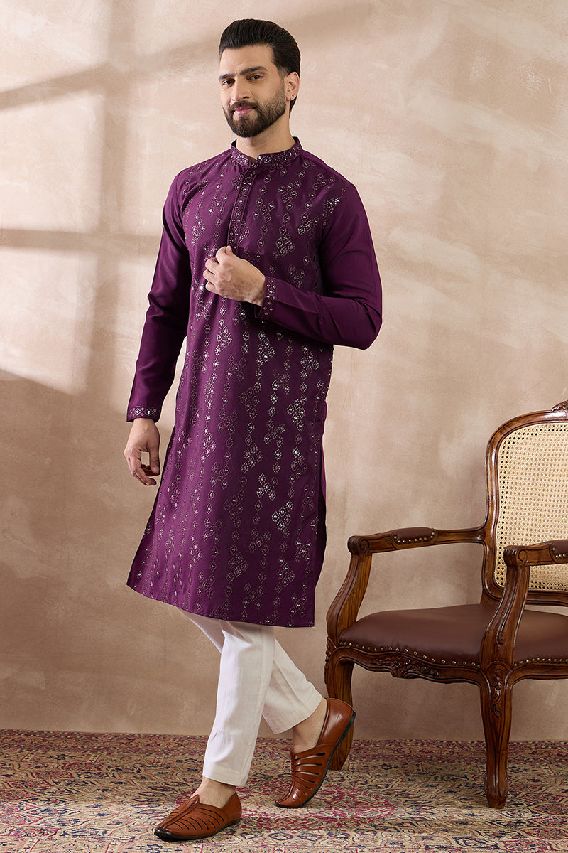 Purple Silk Blend Embroidered Mandarin Collar Straight Kurta MKU2078