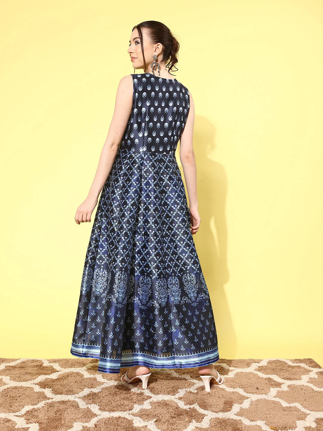 Navy Blue Floral Printed Maxi Dress | Indian Cotton Dresses