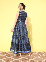 Navy Blue Floral Printed Maxi Ethnic Dress-AHEDPSDP-194-FF