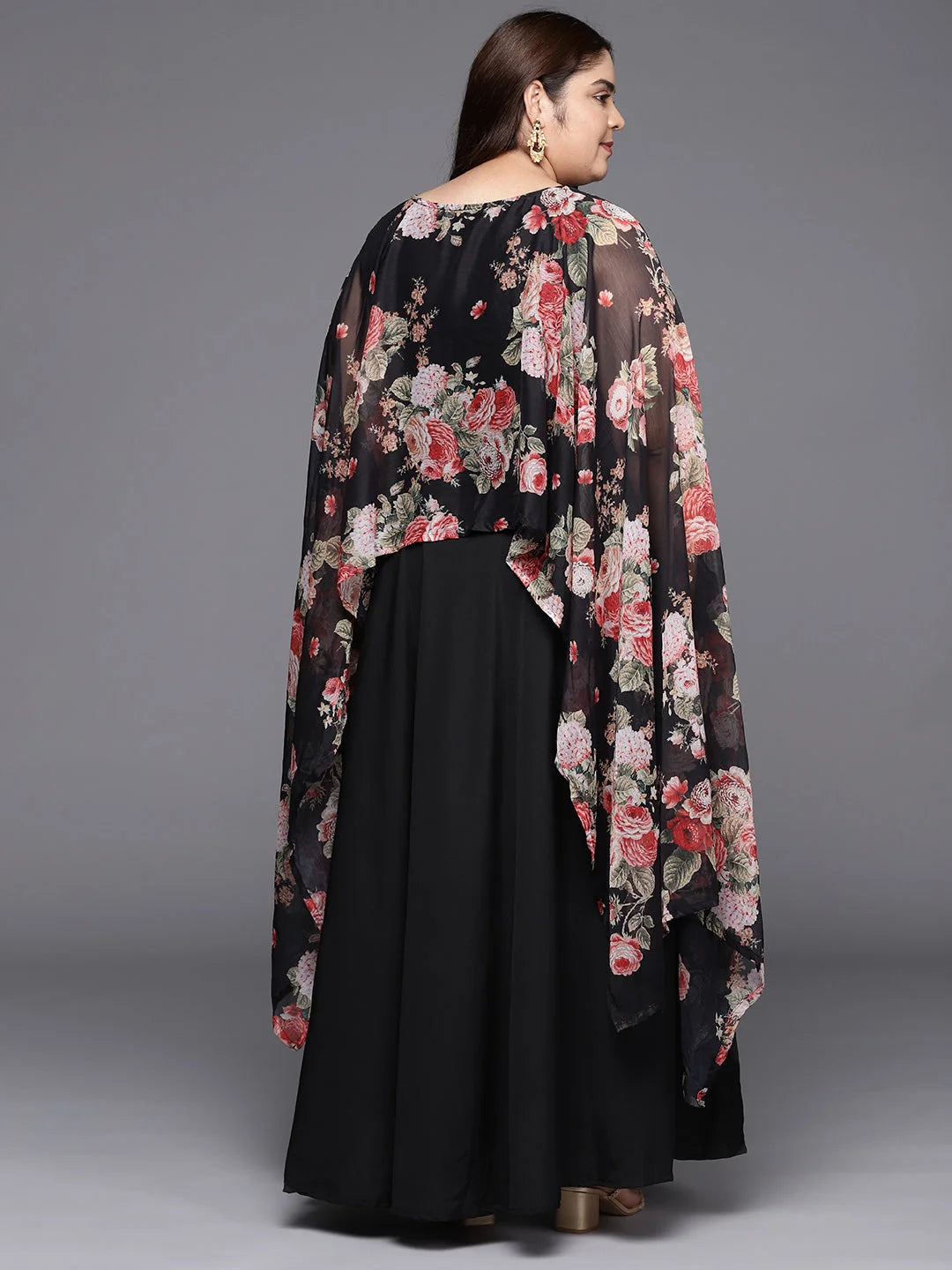Black & Pink Maxi Dress with Cape | Indian Dresses Online Black & Pink Maxi Dress with Cape | Indian Dresses Online