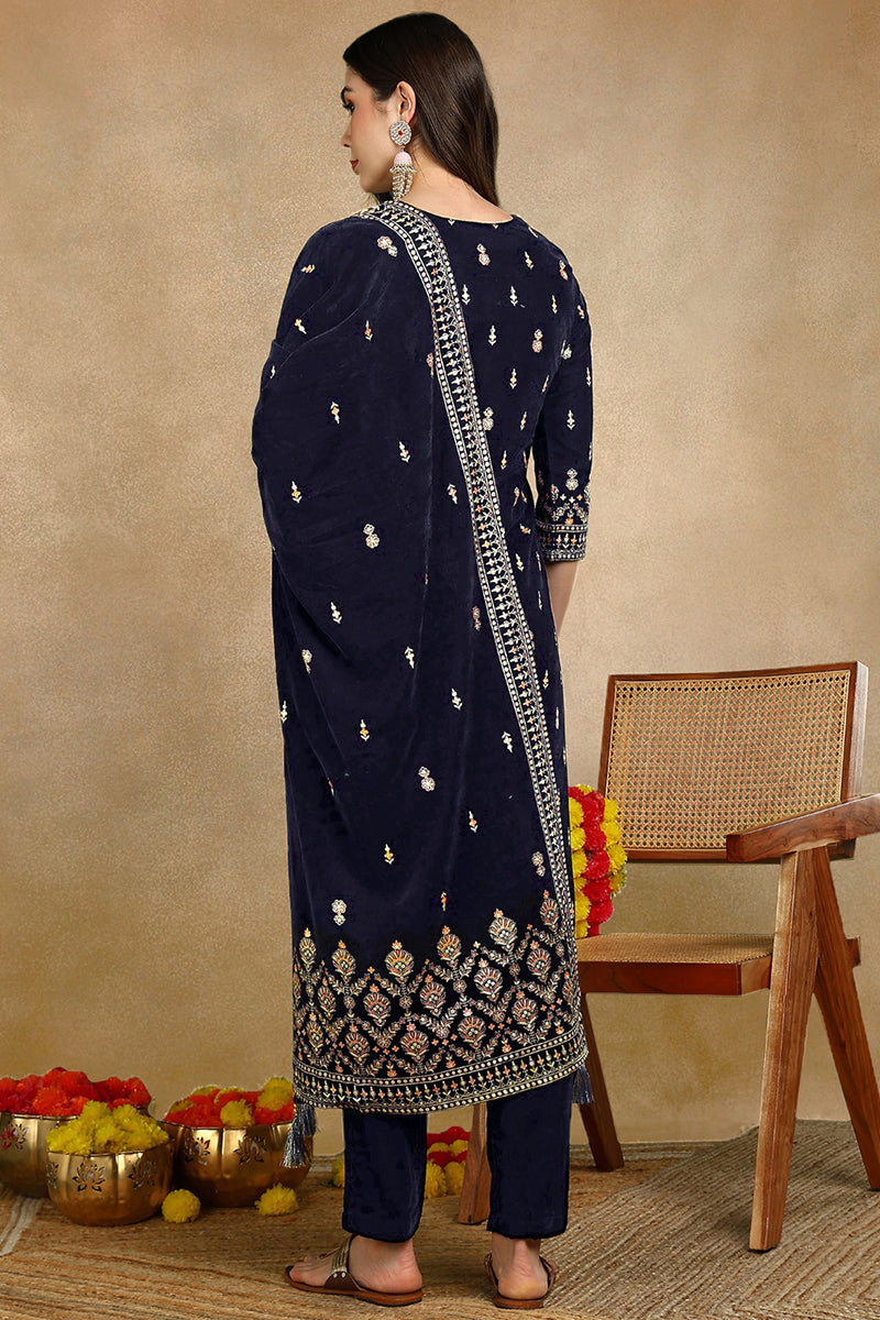 Navy Blue Velvet Ethnic Motifs Printed Straight Suit Set PKSKD2771 | D