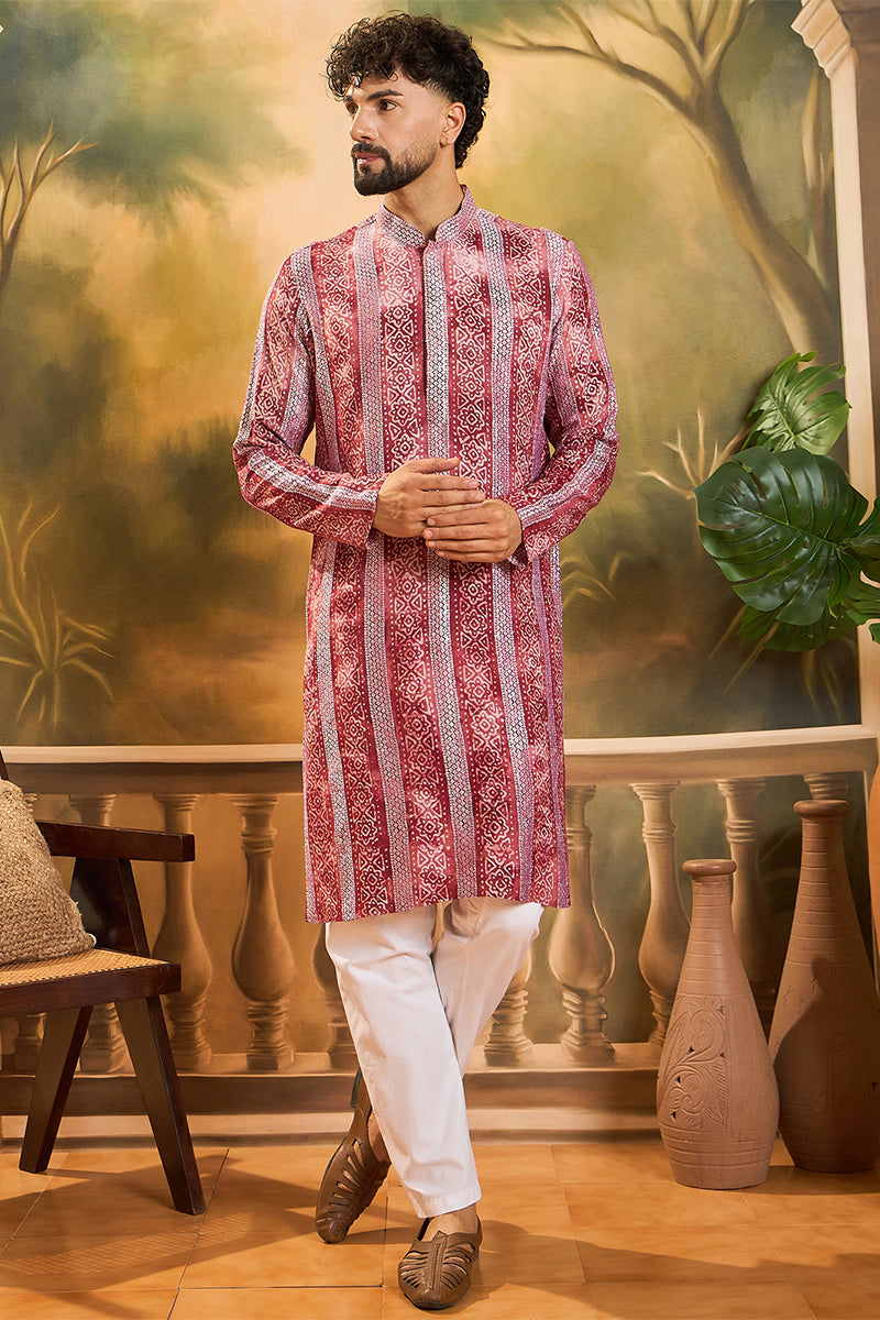 Red Viscose Rayon Batik Embroidered Straight Kurta MKU1482