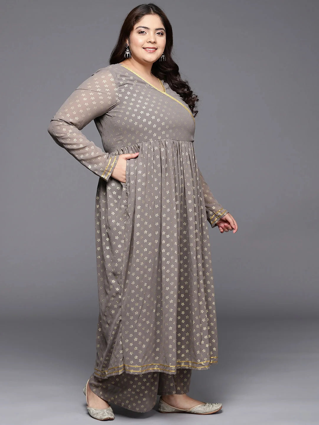 Plus Size Grey Angrakha Kurta Palazzo Set - Printed Style