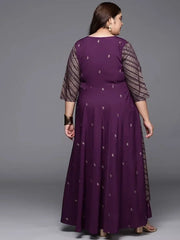 Burgandy & Gold Printed Plus Size Maxi Ethnic Dress-AP-AHKUCRGP-886