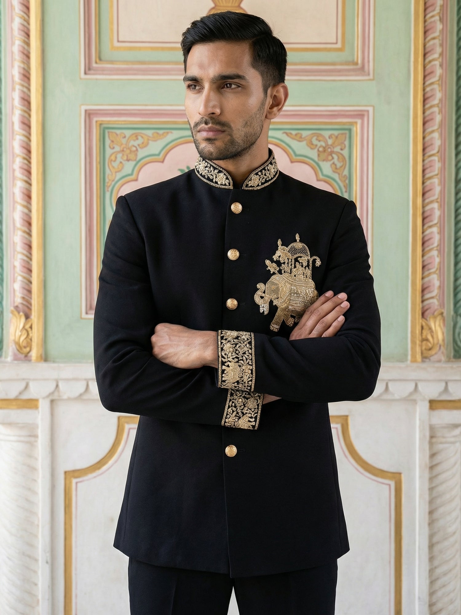 DesiQlo Men Embroidered Indo Western Set - Black - 50JIND_156Black_S