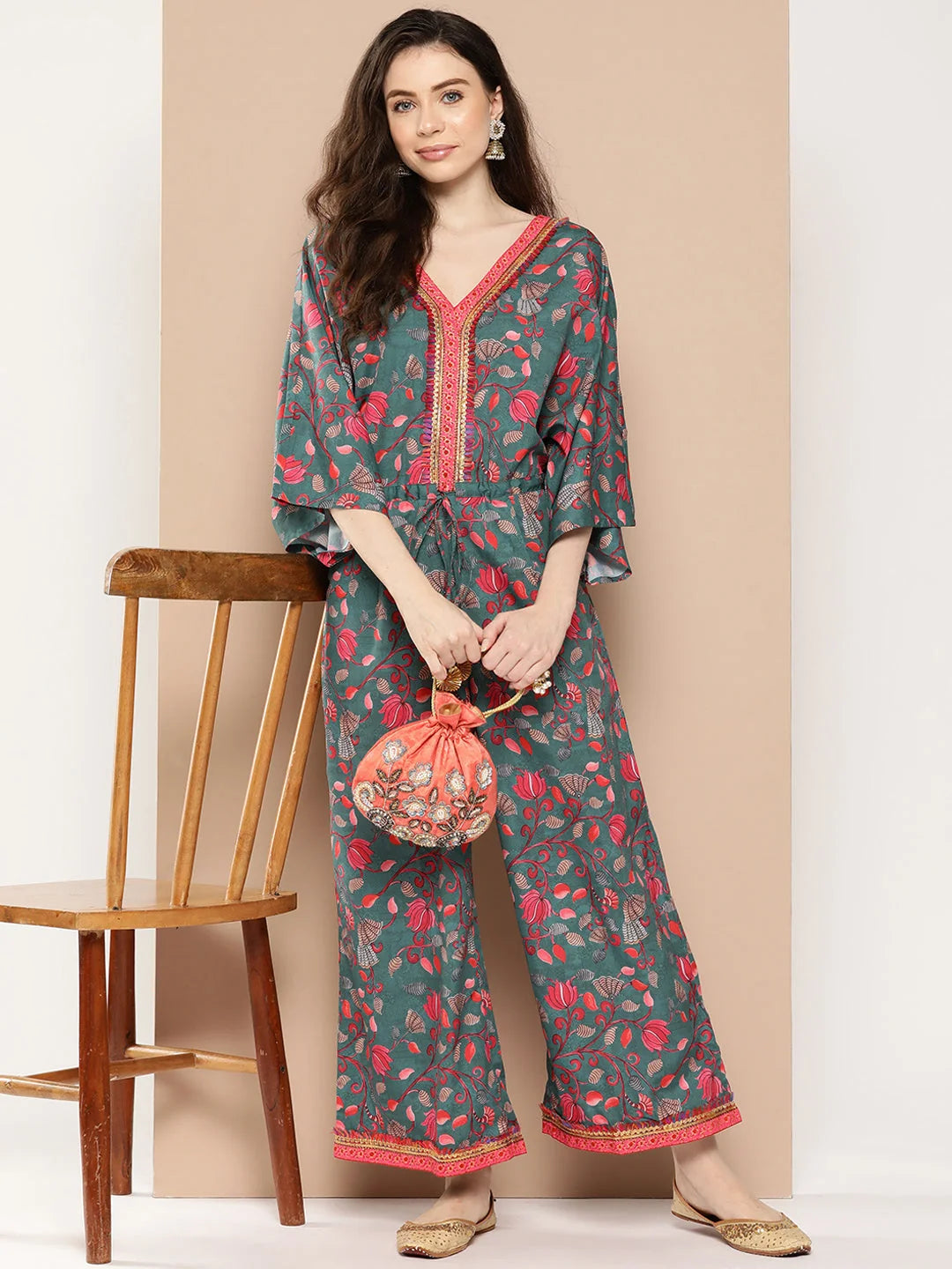 Green & Pink Printed Jumpsuit: Trendy Women's Jumpsuits