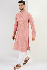 Ethnic Bay Pink Viscose Rayon Solid Embroidered Long Straight Kurta For Men MKU1060