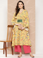 Yellow & Green Floral Printed Gotta Patti Floral Kaftan Kurta-AHKFCRDP-6065-ICH