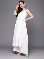 White Floral Printed High Slit Gotta Patti Pure Cotton Kurta With Palazzos & Dupatta-AHKUDUPZ-COMBO-708