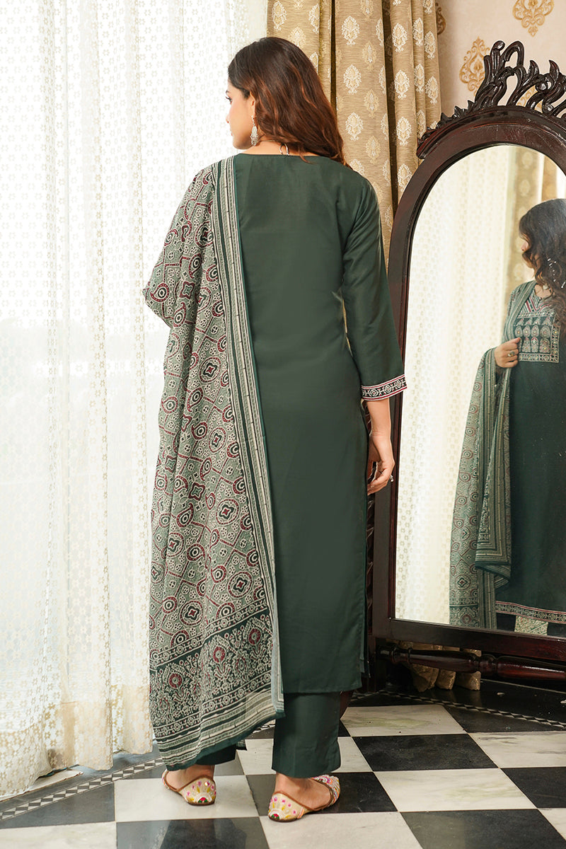 Green Rayon Blend Ajrakh Printed Straight Kurta Trousers With Dupatta PKSKD3066