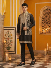 Men's Embroidered Waistcoat and Kurta Pyjama ( JOKPWCS 5054Black )