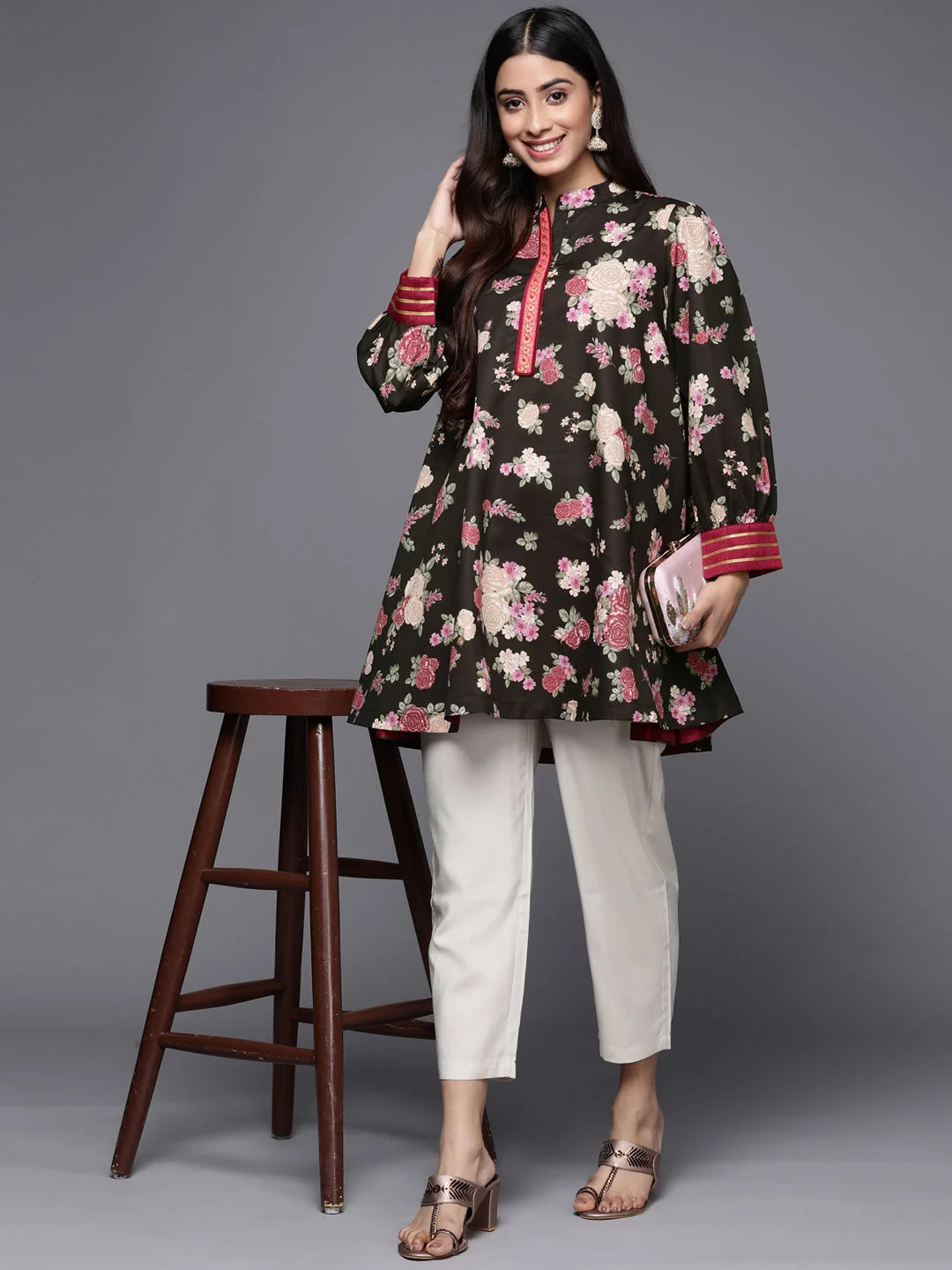 Black Floral Print Tunic Top - Stylish Indian Kurta for Women