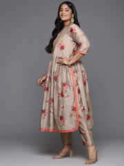 Tan Floral Printed Plus Size Kurta with Trousers-AP-AHKUPN-COMBO-793