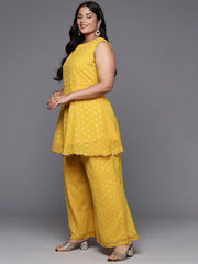 Mustard Yellow Printed Plus Size Kurti with Palazzos-AP-AHTUPZ-COMBO-804