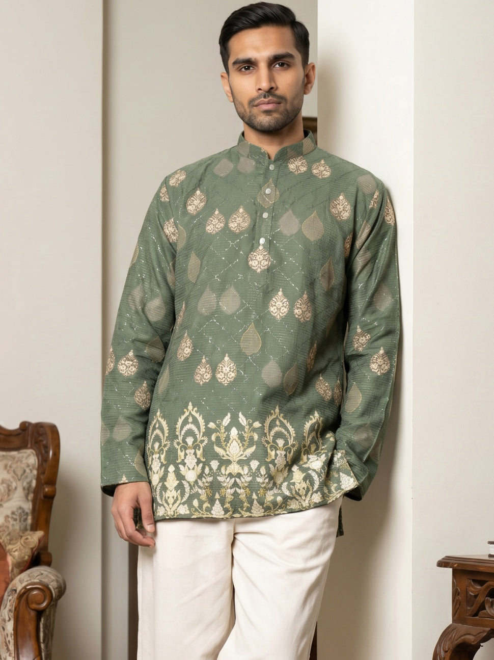DesiQlo Men Printed Kurta Only - Green - 65KO_5590Olive_S