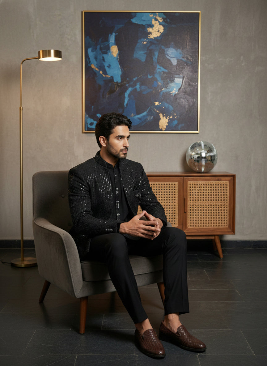 DesiQlo Men Embroidered Indo Western Set - Black - 50JIND_128Black_S