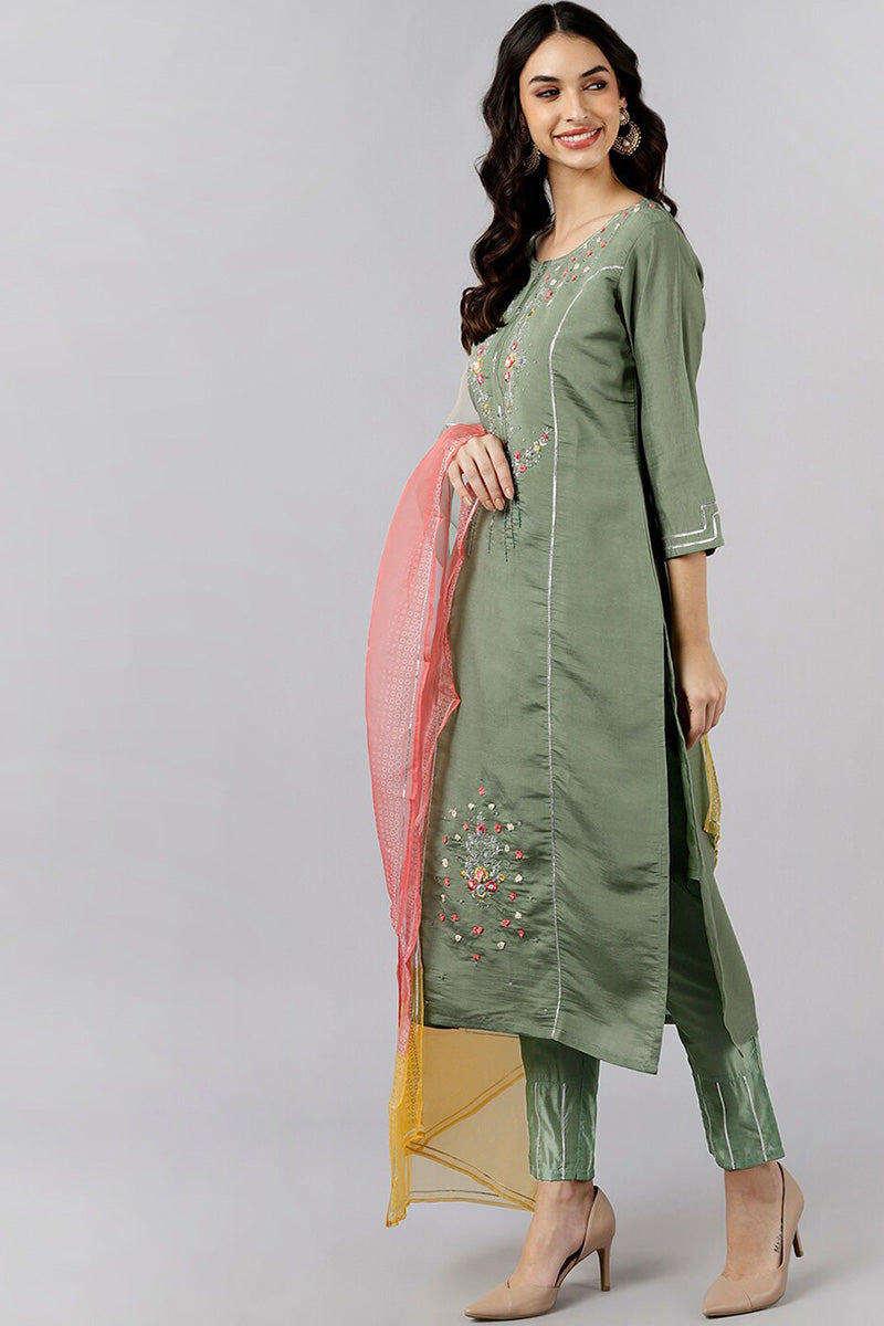 Olive Green Poly Silk Embroidered Straight Suit Set PKSKD1237