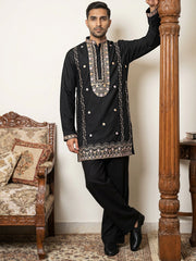 Men's Cotton Blend Embroidered Kurta with Korean Pants ( 65KP PJ11B 5585Black ) [FF] [G-4]