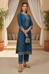 Blue Silk Blend Ethnic Motifs Stoning Straight Kurta Trouser with Dupatta SKSKD3090