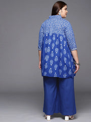 Blue Printed Plus Size Pure Cotton Tunic with Palazzos-AP-AHTUPZ-COMBO-703