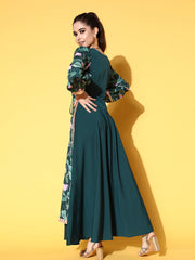 Green Floral Printed Layered Maxi Ethnic Dress with Waist Tie-Ups-AHEDCRDP-132