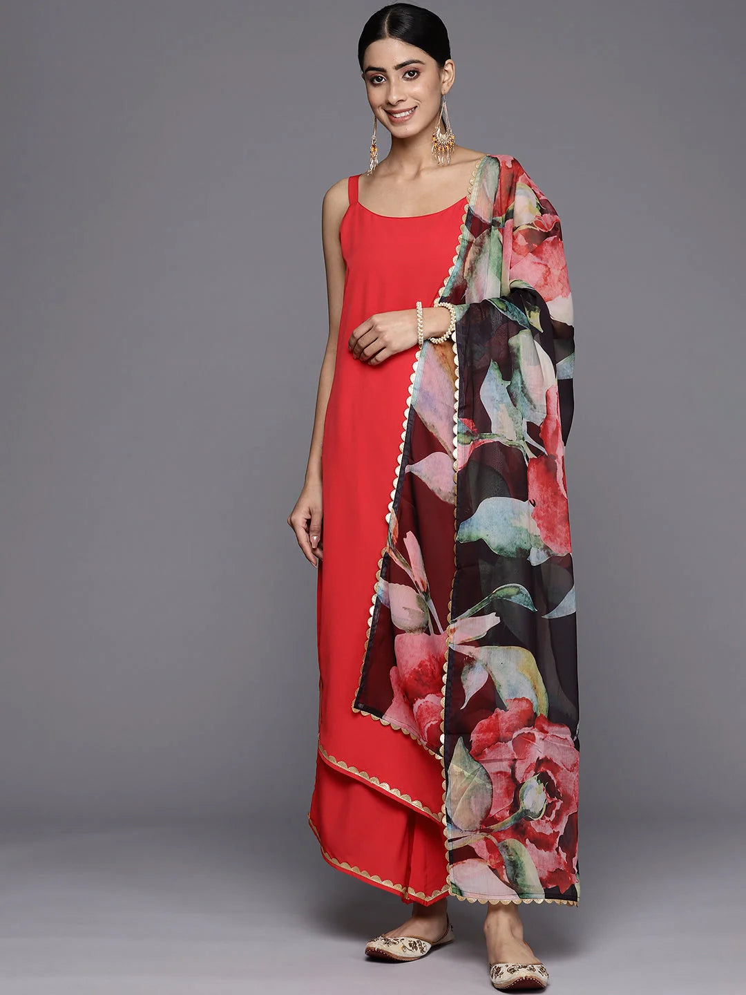 Black Floral Kurta Palazzo Set with Dupatta - Women's Style