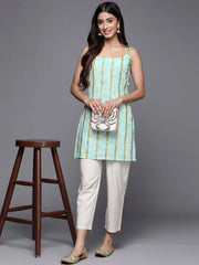 Sea Green & Gold Toned Striped Floral Printed Tunic-AHTUCRGL-8122