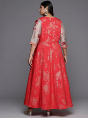 Red and Tan Floral Printed Plus Size A-Line Maxi Dress-AP-AHEDCRFP-213