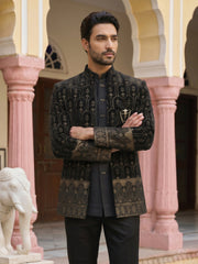Men's Velvet Embroidered Indo-Western Set ( 50JIND 217Black )