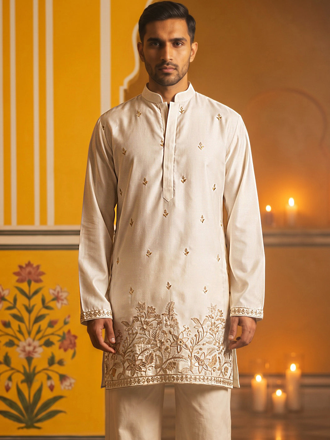 DesiQlo Men Embroidered Kurta Only - Beige - 65KO_5601Cream_S