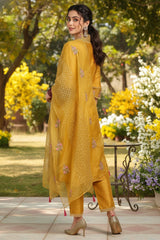 Mustard Yellow Silk Blend Floral Embroidered Straight Suit Set PKSKD2240