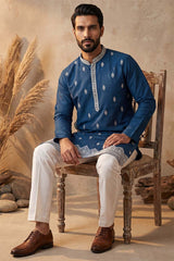 Silk Blend Blue Solid Embroidered Calf Length Straight Kurta MKU2274