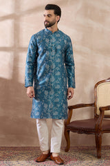 Blue Silk Blend Printed Mandarin Collar Straight Kurta With Trouser MKSET1998