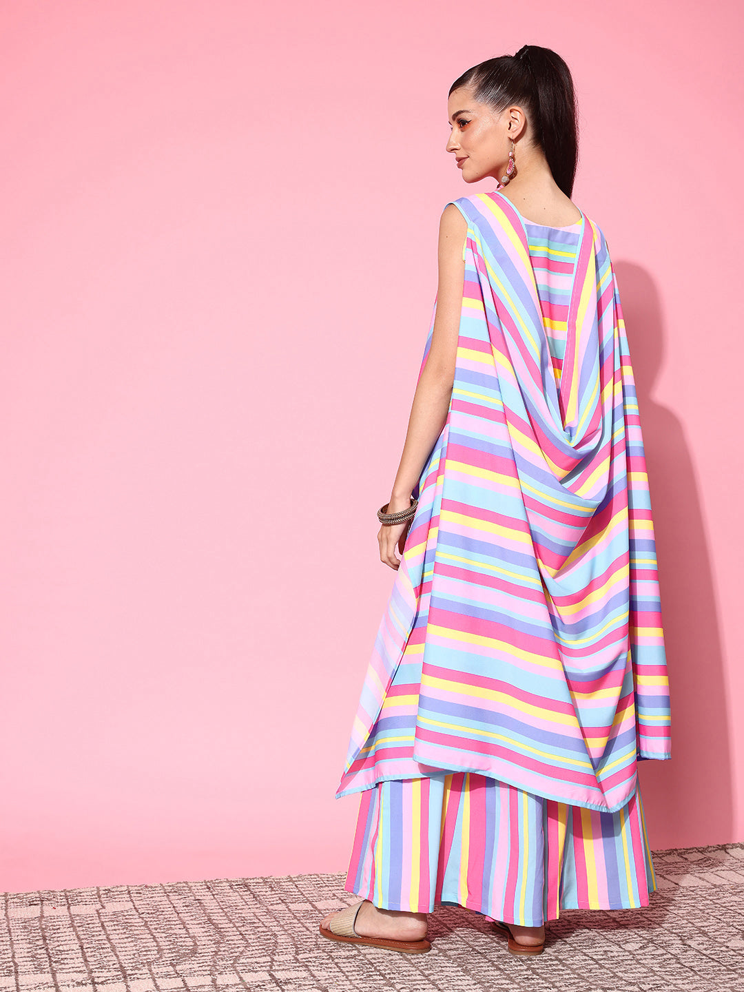 Multi Striped Top & Palazzos Co Ord Sets Women with Shrug