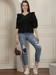 Black Solid Women's Top With Frills-JNT-2024Black
