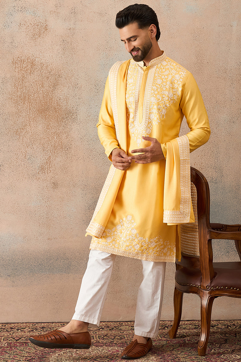 Yellow Silk Blend Woven Design Floral Straight Kurta with Dupatta MKUD1037