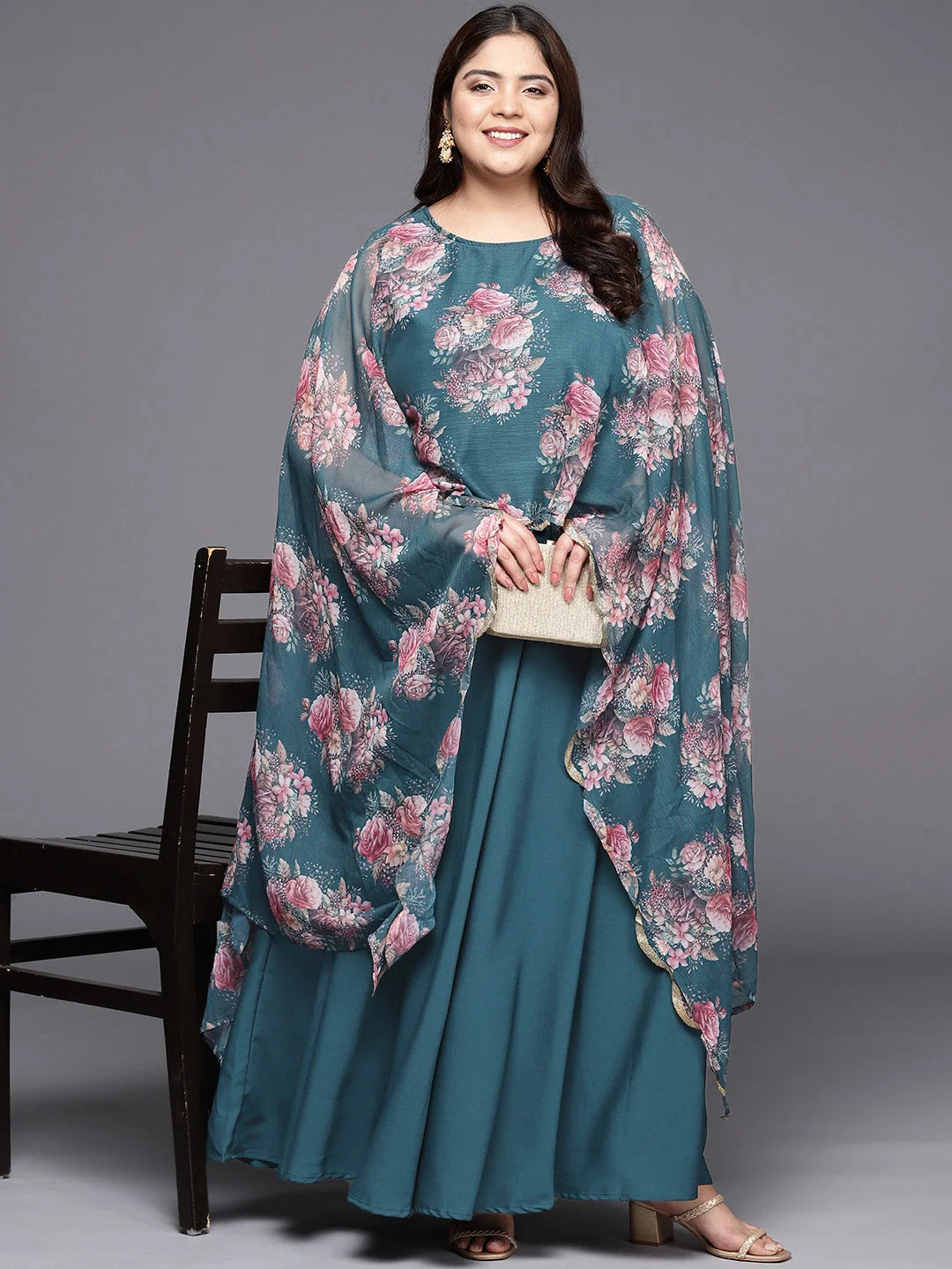 Green Printed Maxi Dress with Cape | Indian Dresses Online