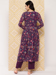 Purple Floral Printed Layered Kurta with Trousers-AHKUPN-Combo-838-ICH