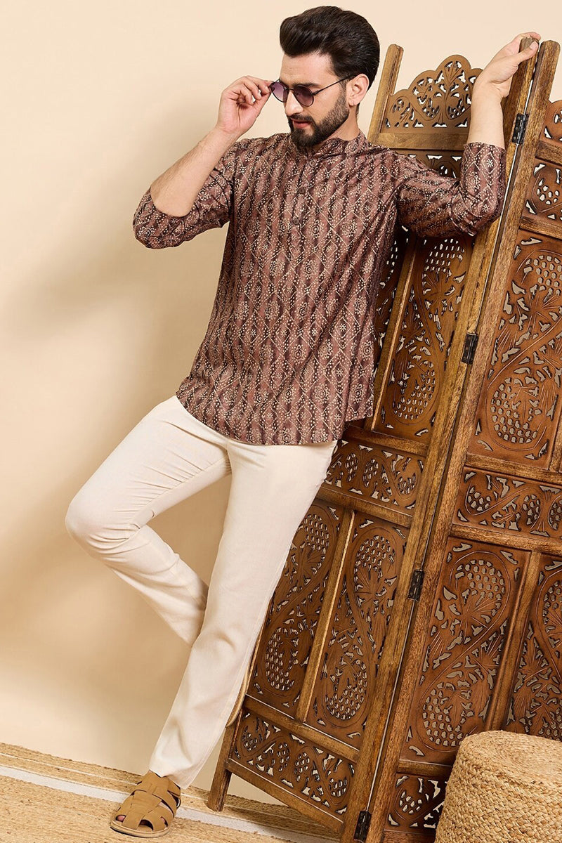 Brown Cotton Geometric Printed Straight Kurta HOPMSKU1008BWN | DesiQlo