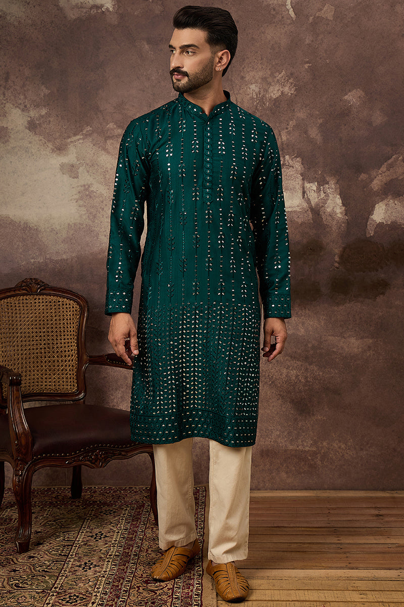 Teal Silk Blend Solid Embroidered Straight Kurta MKU1357