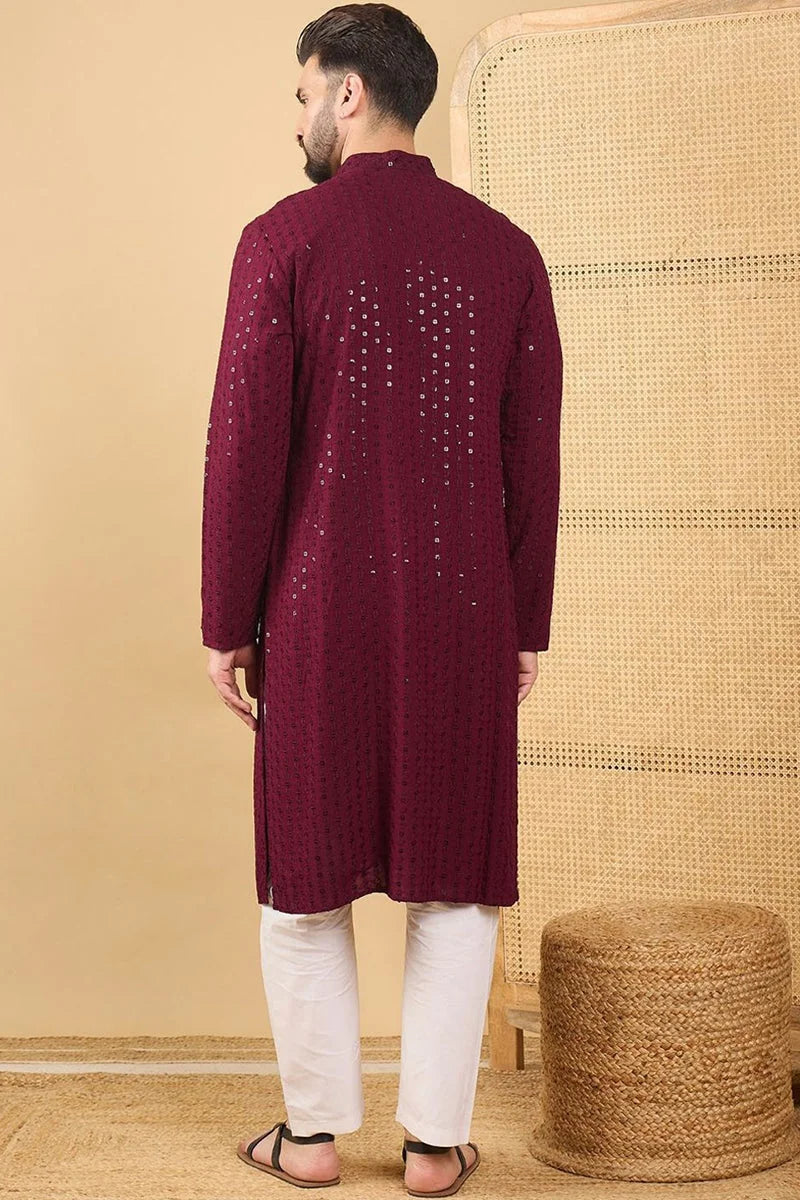 Maroon Embroidered Viscose Rayon Indian Kurta for Men