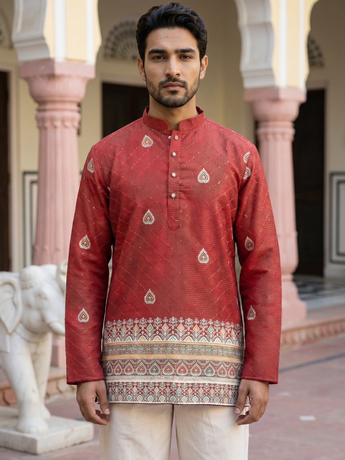 DesiQlo Men Printed Kurta Pyjama Set - Red