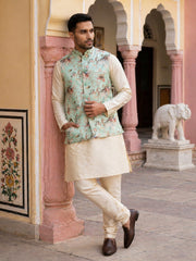 Men's Silk Blend Kurta Set with Printed Nehru Jacket ( JOKPWC 636W 4007Lime )