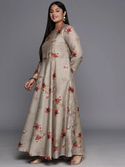 Brown & Grey Floral Printed Plus Size Maxi Ethnic Dress With Dupatta-AP-AHDRDU-COMBO-287