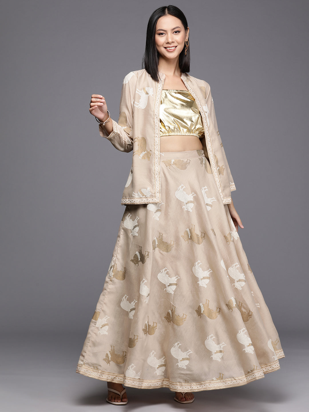Beige & Gold Tone Printed Crop Top with Skirt and Shrug-AHBLSKJK-COMBO-797