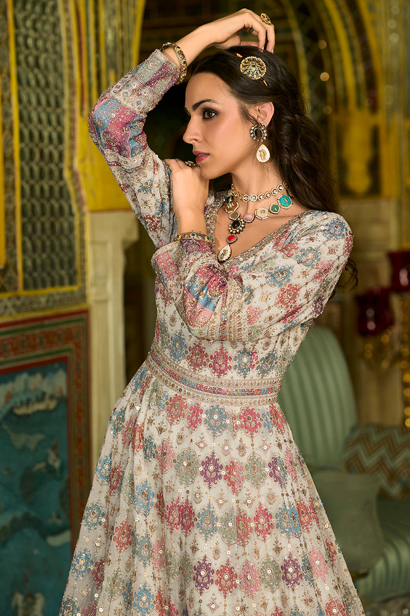 Off White Georgette Embroidered With Hand Work Gown With Dupatta VKSET